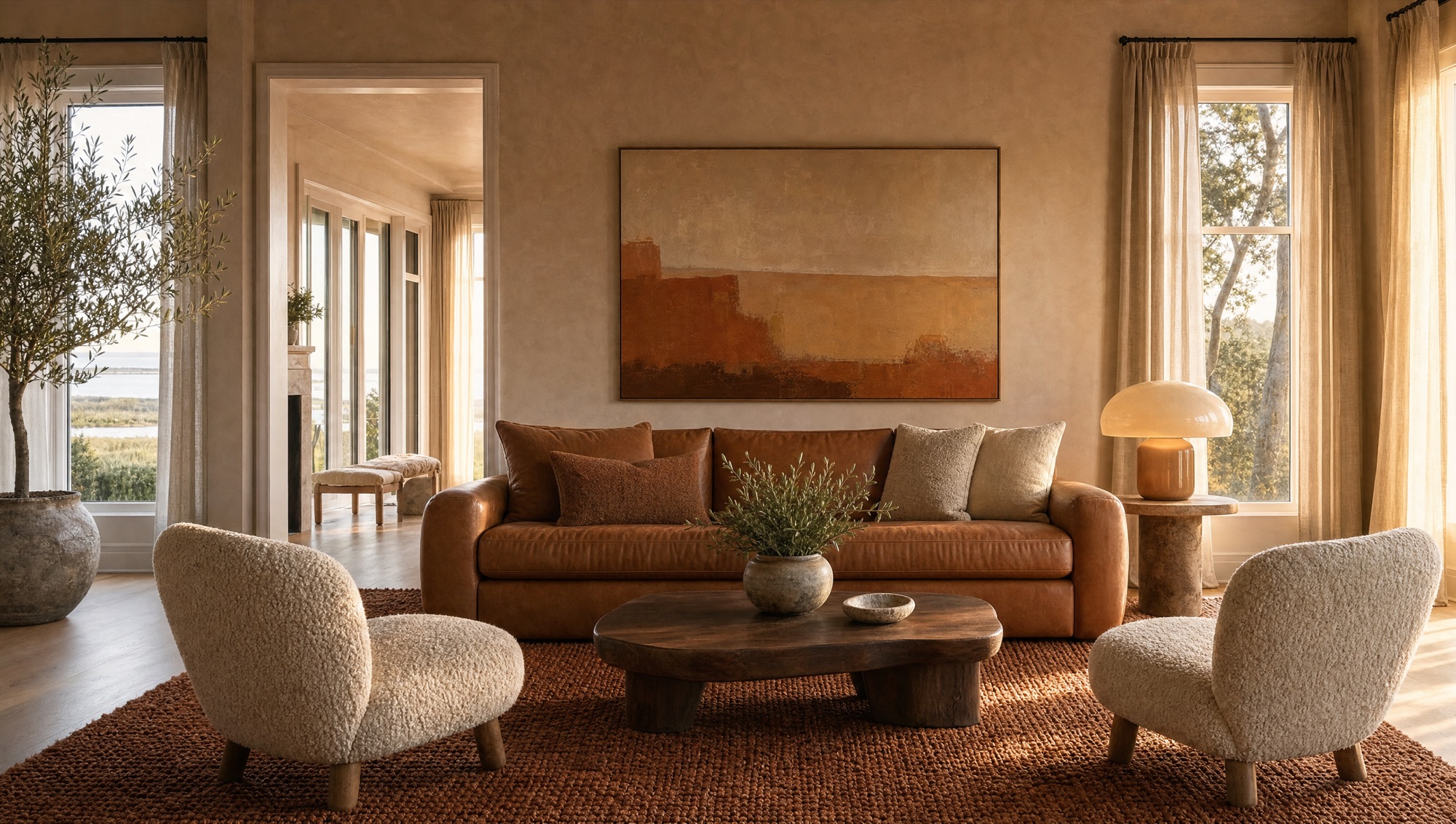 The same living room styled warm modern: caramel leather sofa, rust rug, clay walls
