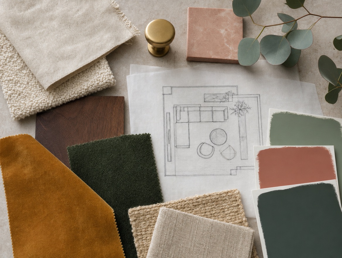 A designer's mood board of fabrics, tile, wood, brass and paint samples beside a floor plan sketch