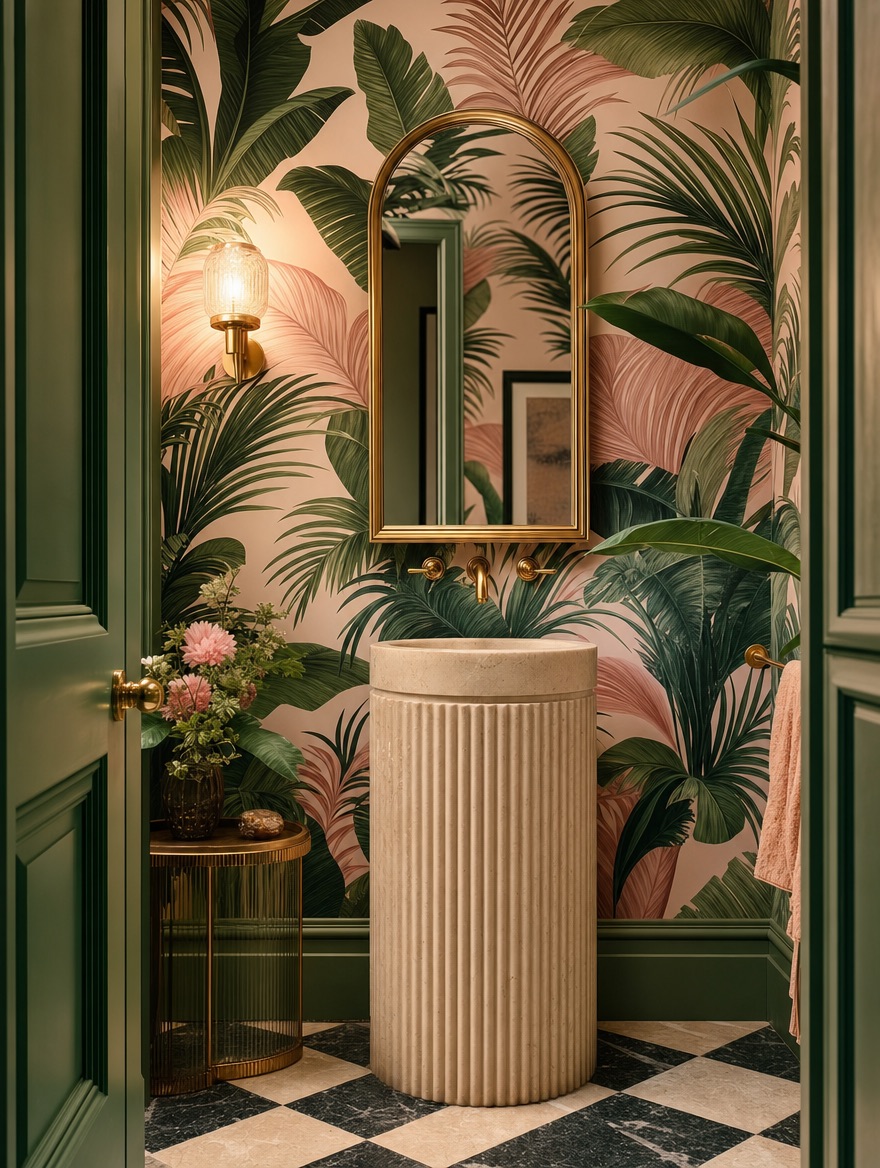 Powder room with palm leaf wallpaper and a brass arched mirror