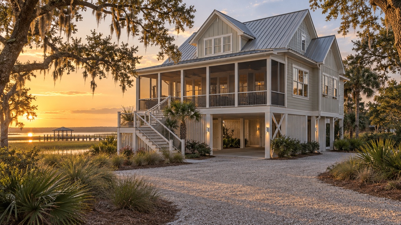 Sage raised coastal home on white pilings with a wide screened porch at sunset