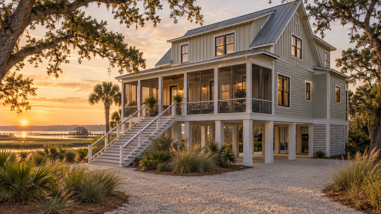 Tall sage coastal home with twin porch stairs and a view to the sound