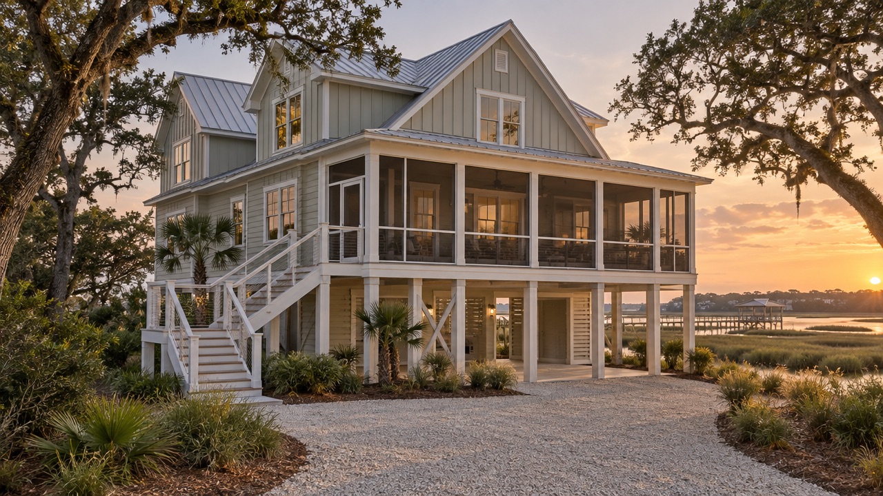 Coastal home under live oaks with a two-level screened porch