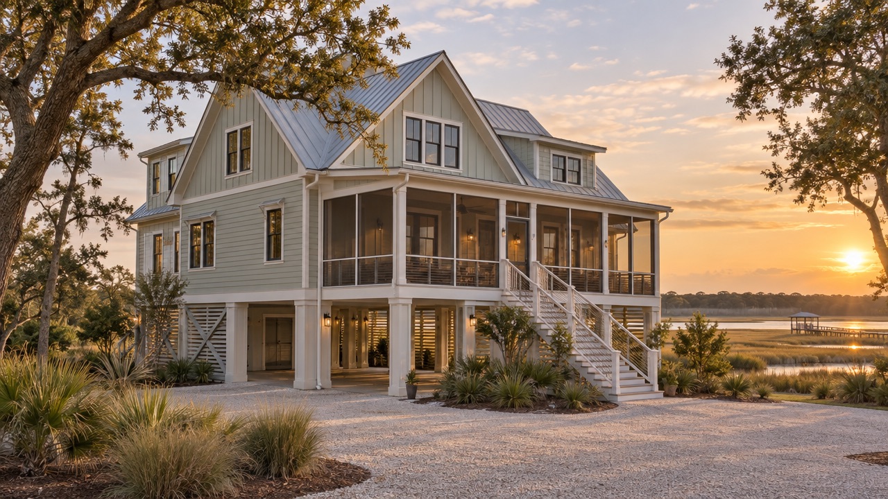 Sage home with gable dormers and porch stairs beside a creek