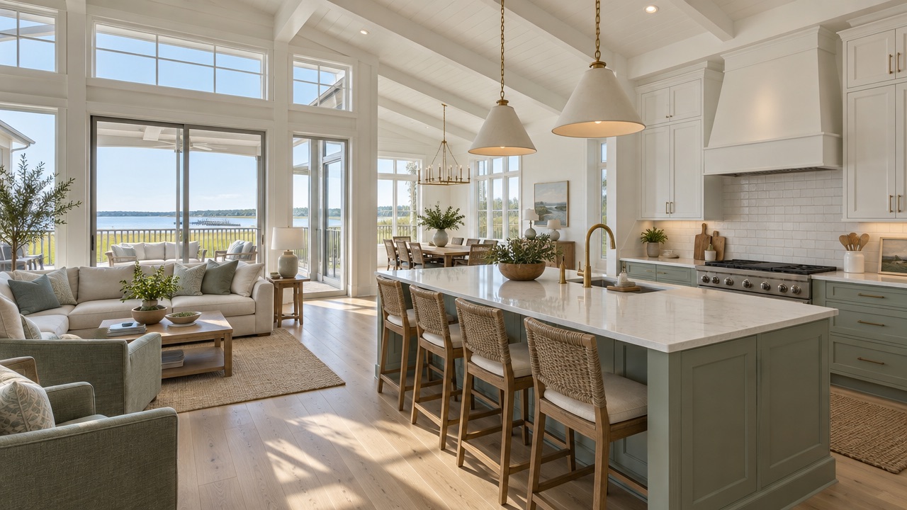 Open kitchen with a sage island, rattan stools and a great room with water views