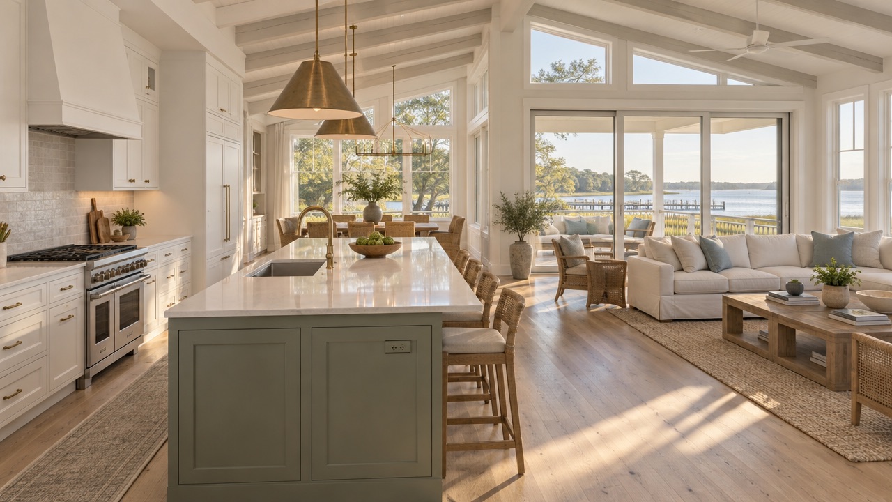 Long kitchen island with brass pendants beside a sunny living room