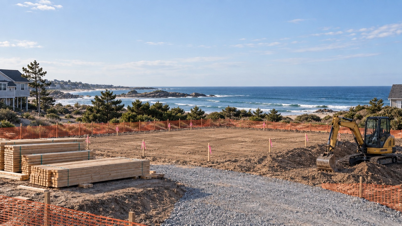 Cleared and graded lot with a gravel drive, safety fencing, lumber and a small excavator