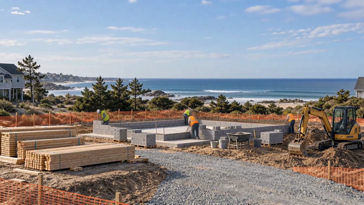 Masons laying concrete block foundation walls by hand on the footing