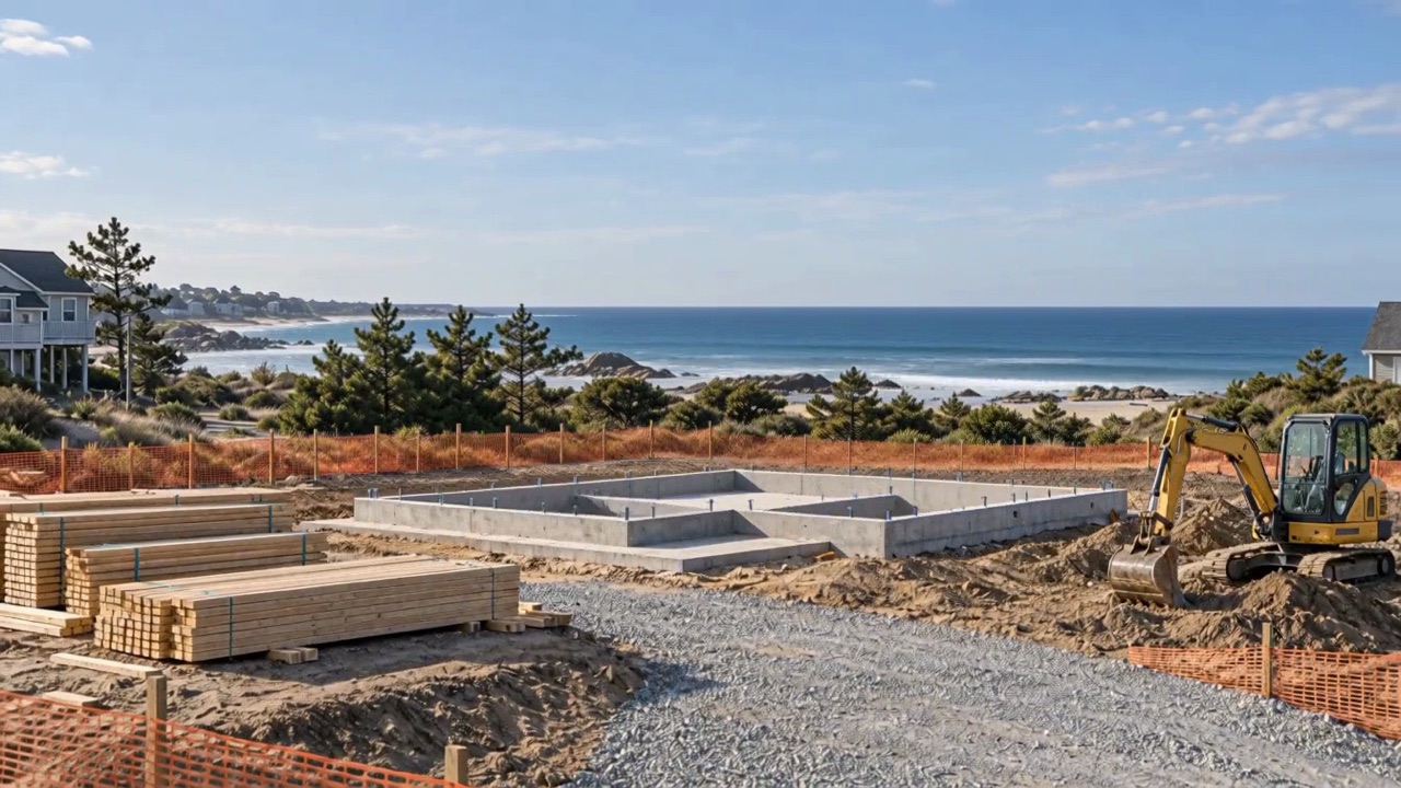 Finished concrete block foundation with anchor bolts, ready for framing