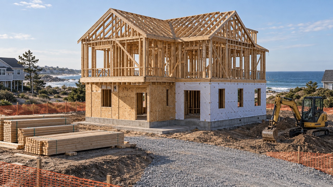 Two-story house framed on the foundation with roof trusses and sheathing