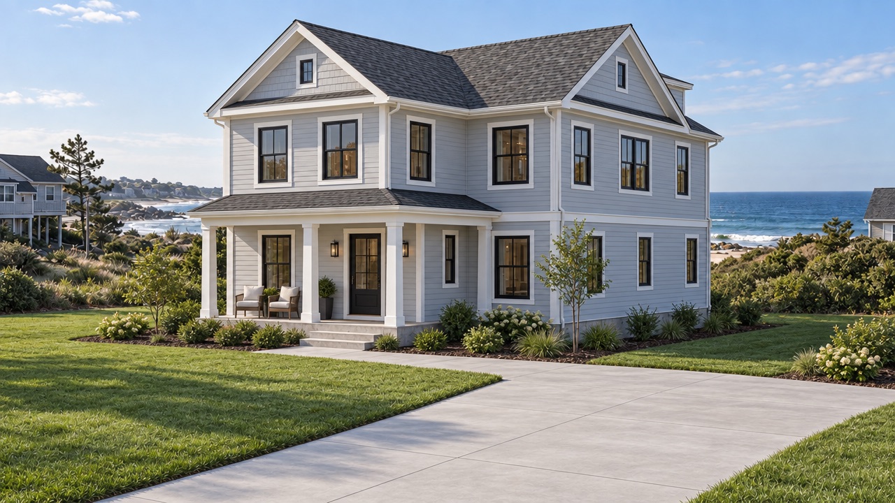 The finished two-story coastal home with porch, driveway and lawn