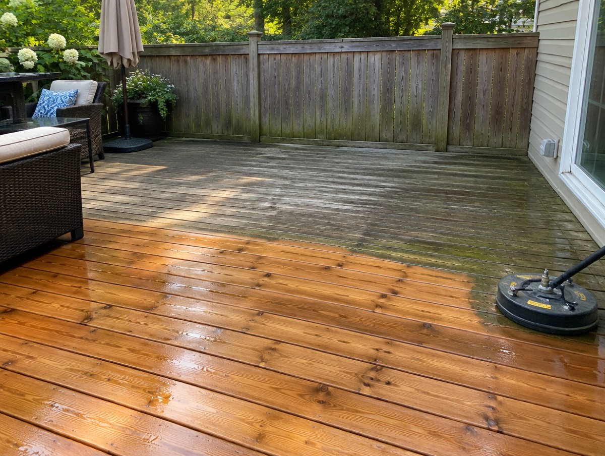 Wood deck half cleaned showing warm cedar tone