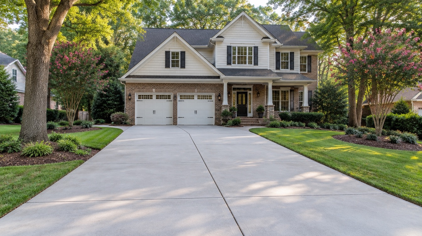 The same driveway after pressure washing, bright and even