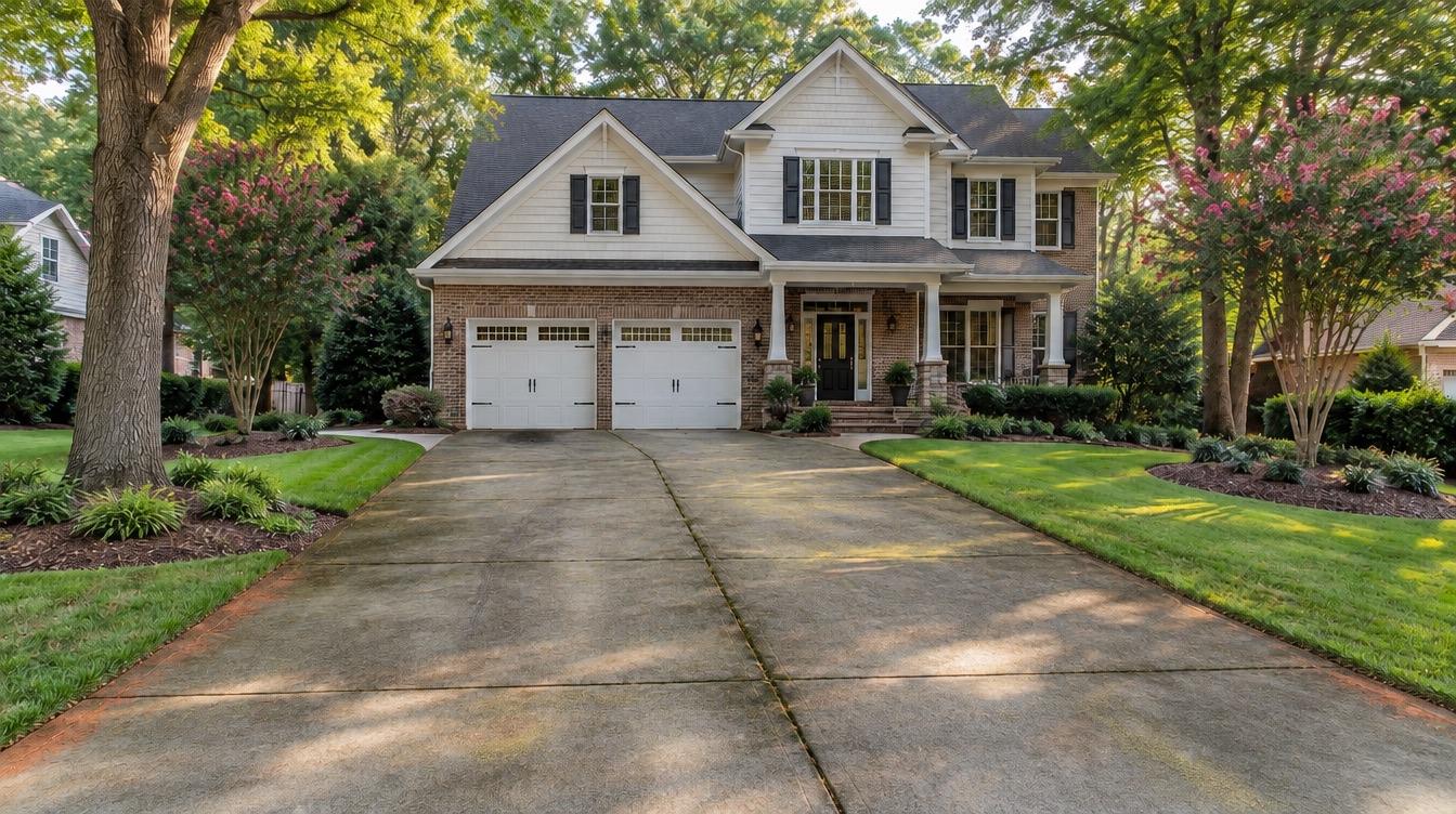 Charlotte driveway covered in mildew, pollen and oil stains before cleaning