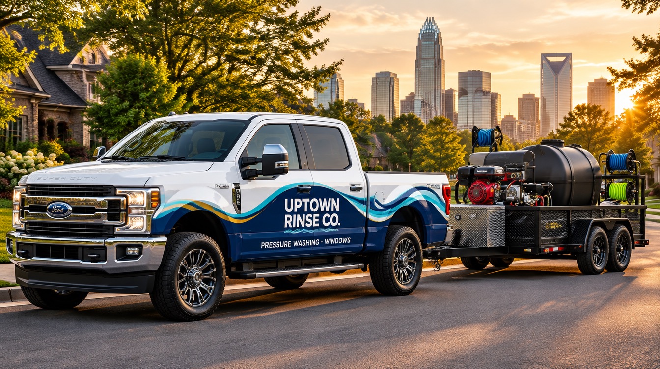 Uptown Rinse Co. wrapped white Ford F-250 towing a black hot-water pressure washing trailer
