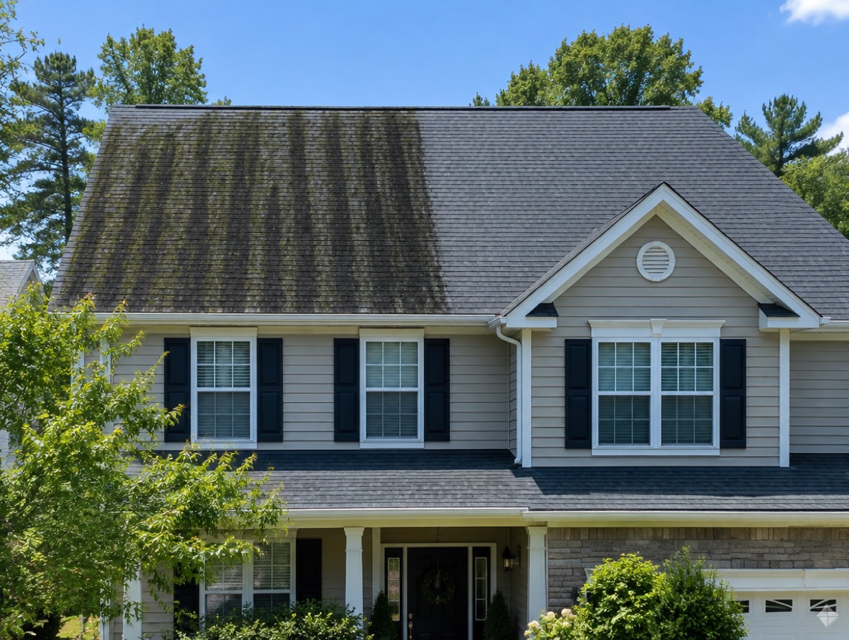 Roof with black algae streaks on one side and clean shingles on the other