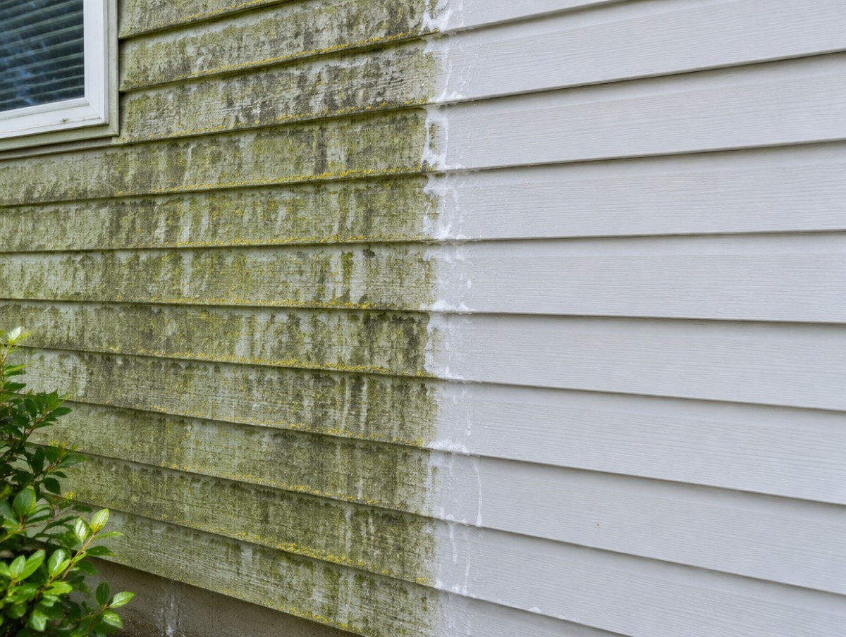 Vinyl siding half covered in green algae and half soft-washed clean