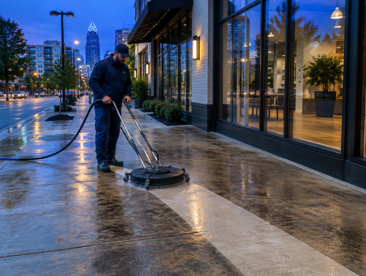 Technician cleaning a South End storefront sidewalk at dawn