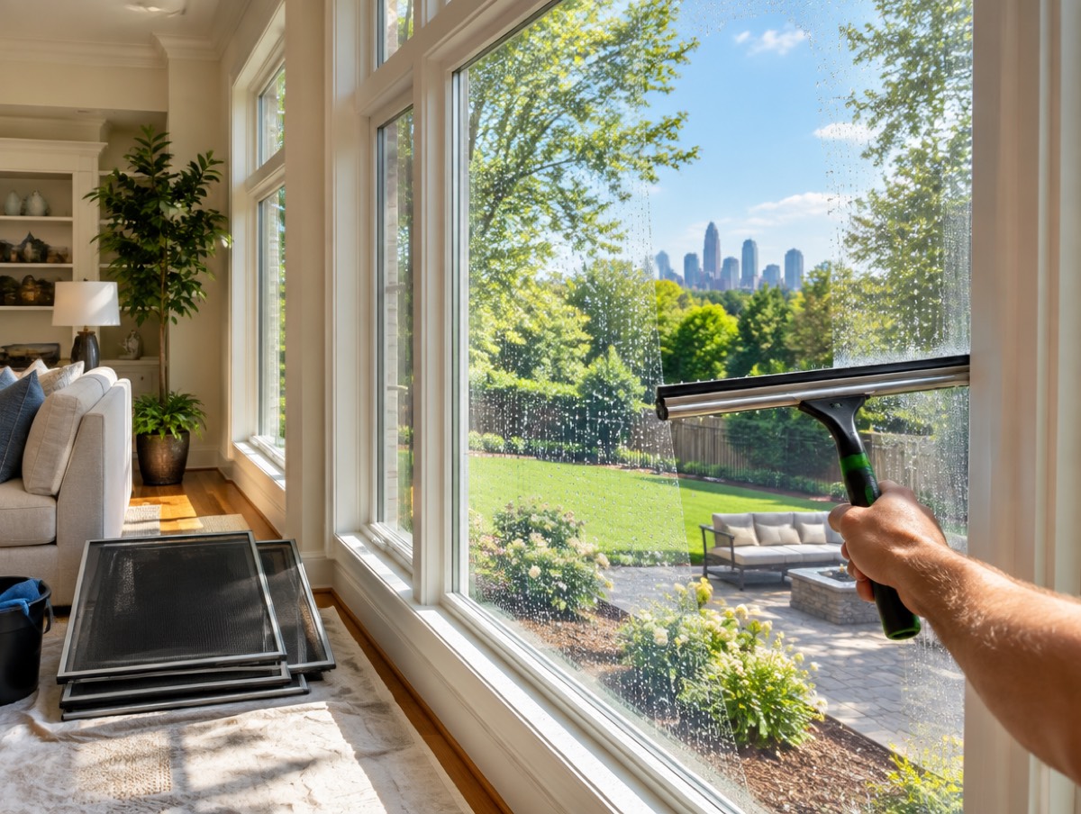Squeegee leaving a streak-free pass on a living room window
