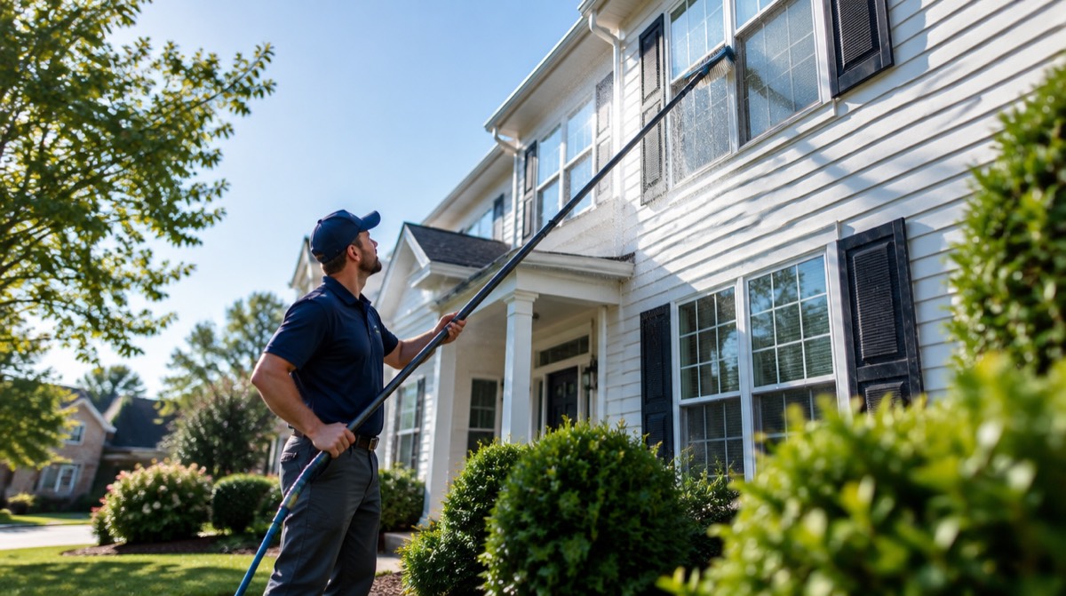 Technician cleaning second-story windows with a water-fed pole